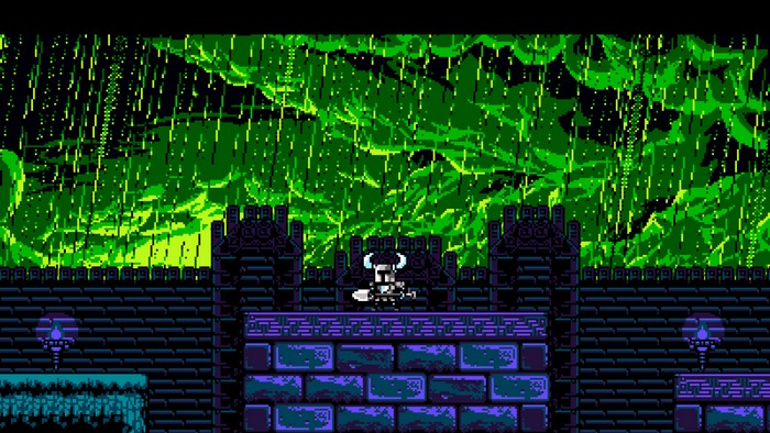 Shovel Knight in a dark castle with green rain