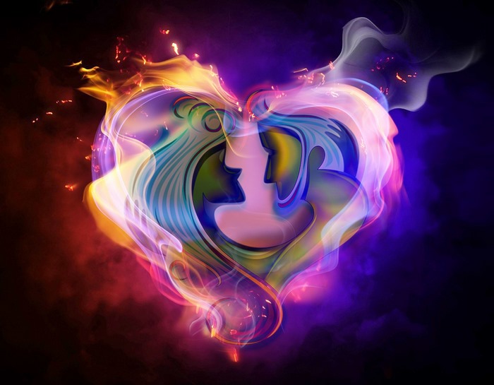Abstract heart shape with faces and smoke