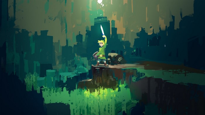 Link from The Legend of Zelda in a dark, abstract landscape