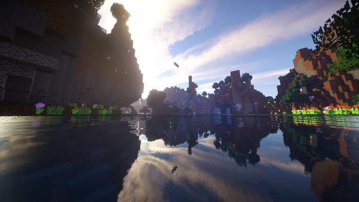 Minecraft landscape with water and sun