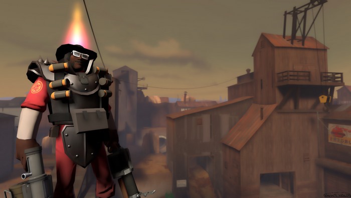 Demoman from Team Fortress 2 in a mining town