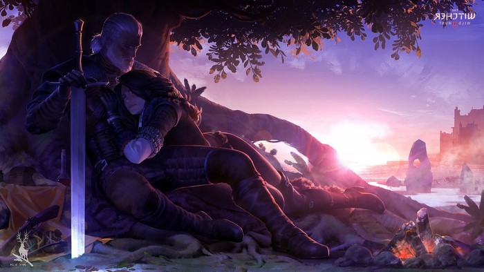 Geralt and Yennefer from The Witcher resting by a campfire