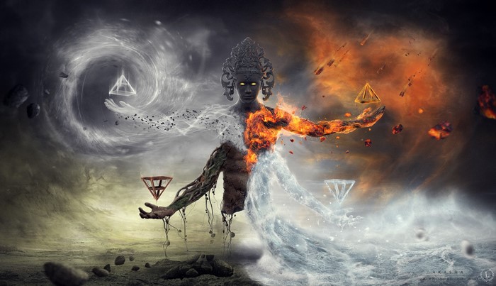Figure embodying elements of fire, water, earth, and air