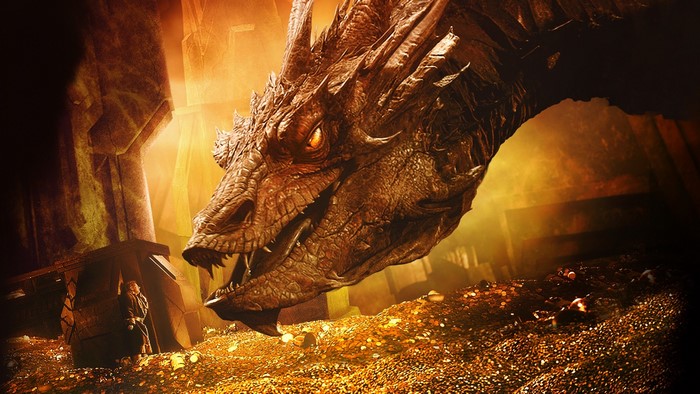 Smaug the dragon from The Hobbit on treasure