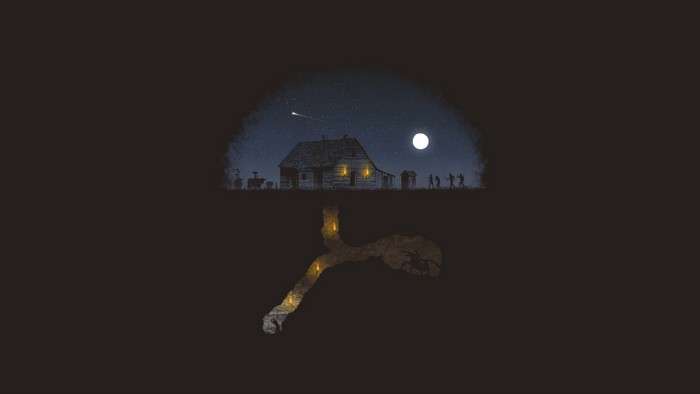 Minimalist night scene with house, zombies, and spider in a burrow