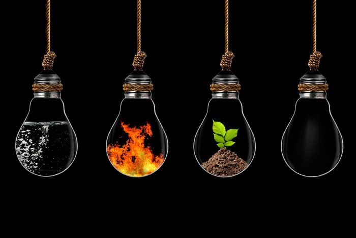 Light bulbs with water, fire, plant, and empty