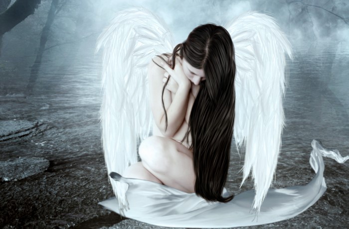 Sad angel woman with white wings