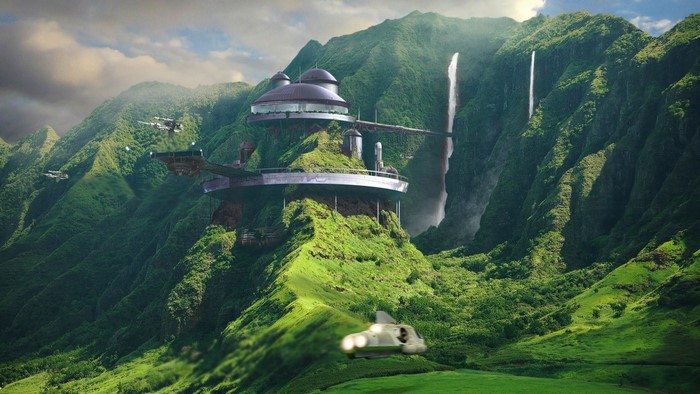Fantasy art of a futuristic city on a mountain with waterfalls and aircraft