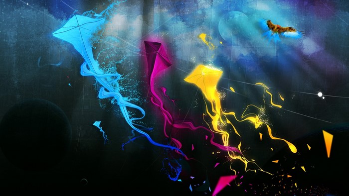 Three colorful kites flying in a dark, abstract sky