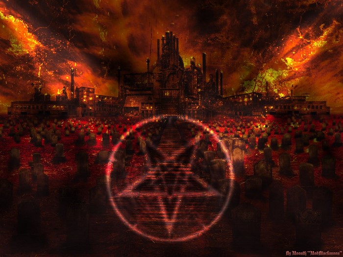 Satanic pentagram over a graveyard with a fiery industrial city