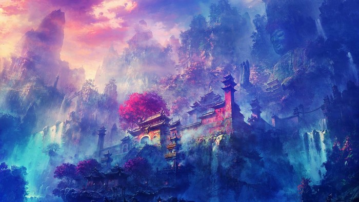 Fantasy landscape with temples and waterfalls