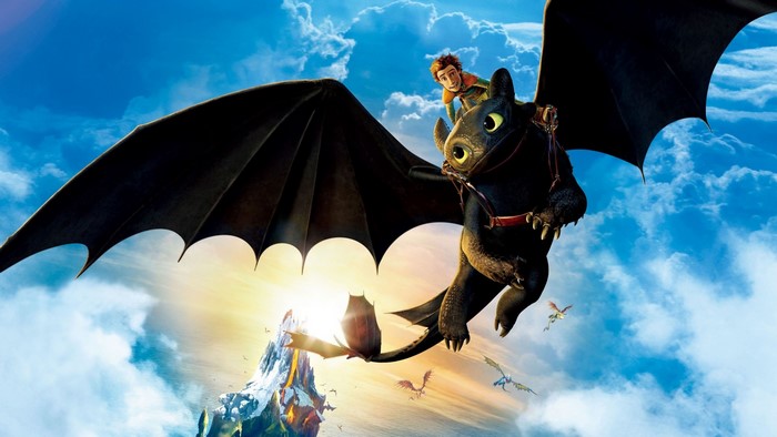 Toothless and Hiccup from How to Train Your Dragon flying