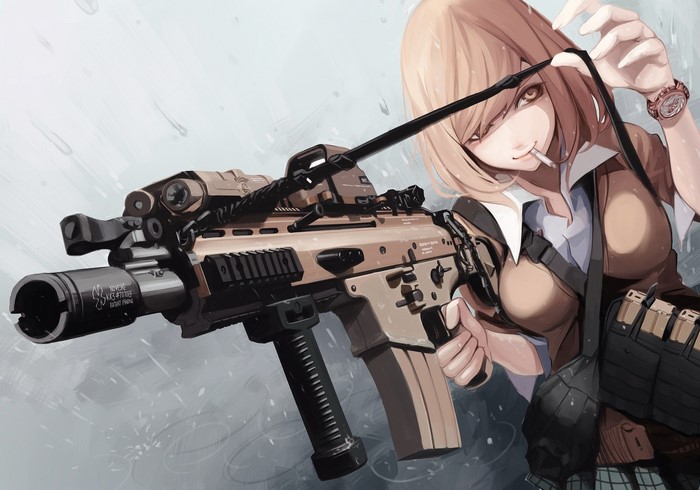 Anime girl with blonde hair holding an FN SCAR assault rifle