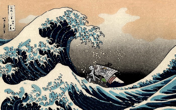 Monkey D. Luffy from One Piece in Hokusai's Great Wave