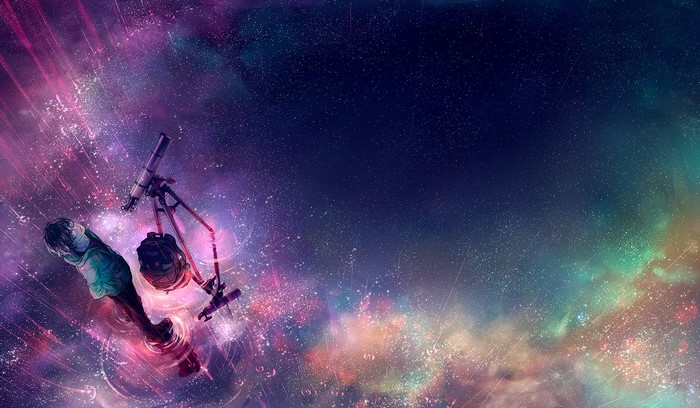 Girl with telescope in a galaxy