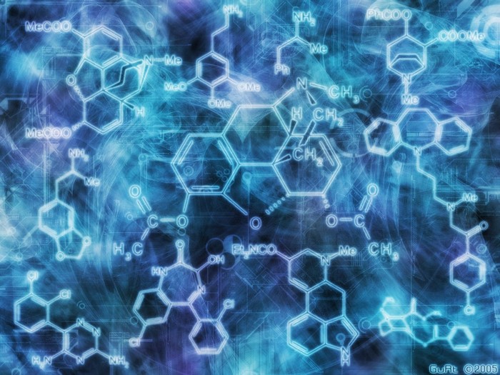Abstract chemical structures on a blue background