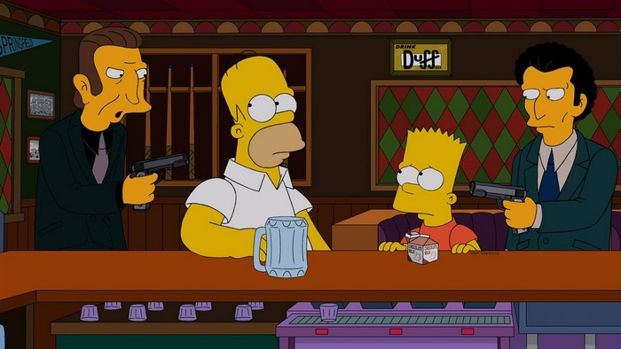 Homer and Bart Simpson with two men holding guns