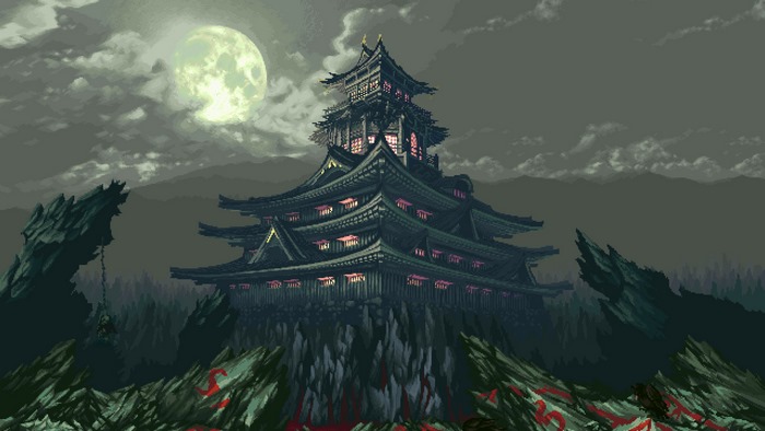 Pixel art of a dark Japanese castle under a full moon