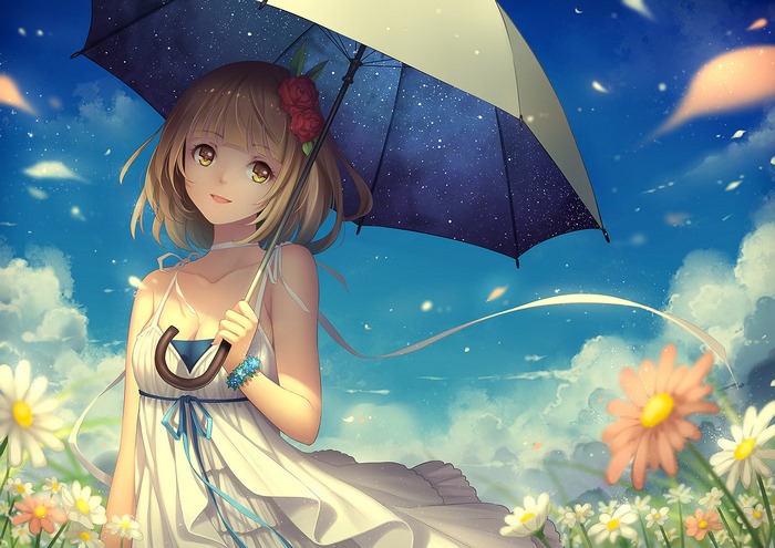 Anime girl with umbrella in a field of flowers