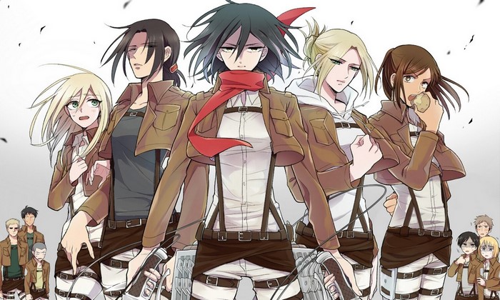 Attack on Titan characters: Mikasa, Annie, Sasha, Ymir, Historia, Eren, Armin, Reiner, Jean