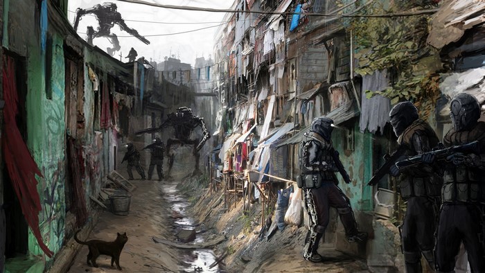 Futuristic soldiers and robots in a slum alley