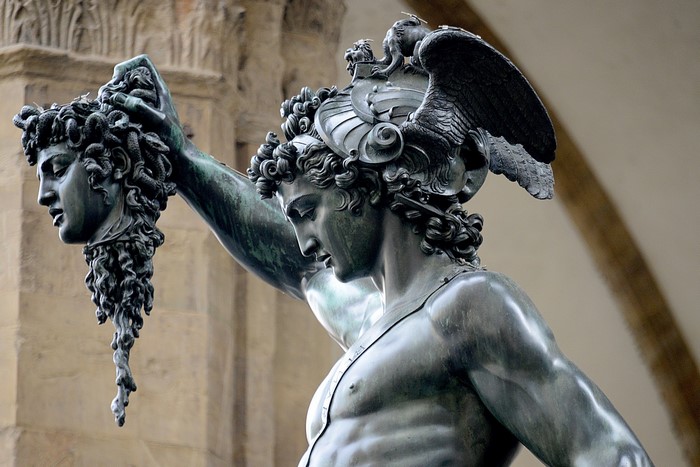 Perseus holding Medusa's head, a bronze statue