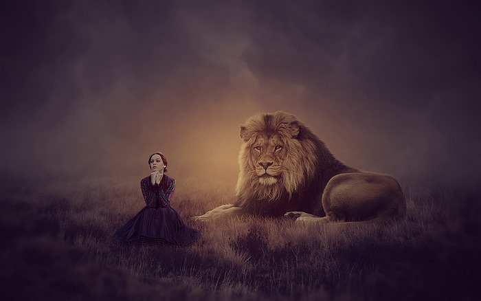 Girl praying with a lion in a field