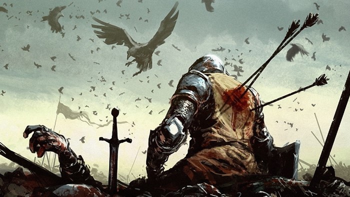 Knight wounded by arrows surrounded by birds and dead soldiers
