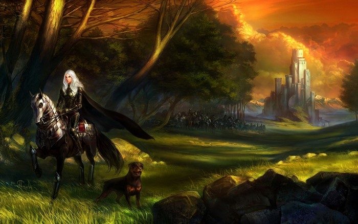 Fantasy warrior woman on horse with dog and army near castle