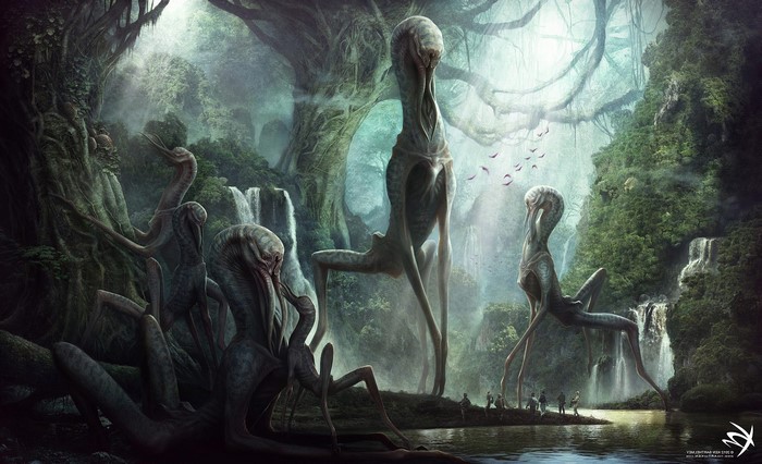 Alien creatures in a fantasy jungle with waterfalls