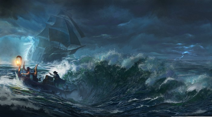 Pirates in a boat during a storm with a ship