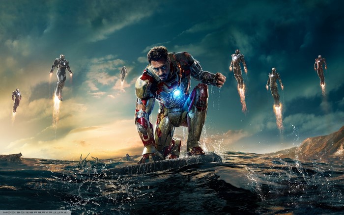 Iron Man 3 with multiple Iron Man suits in the sea