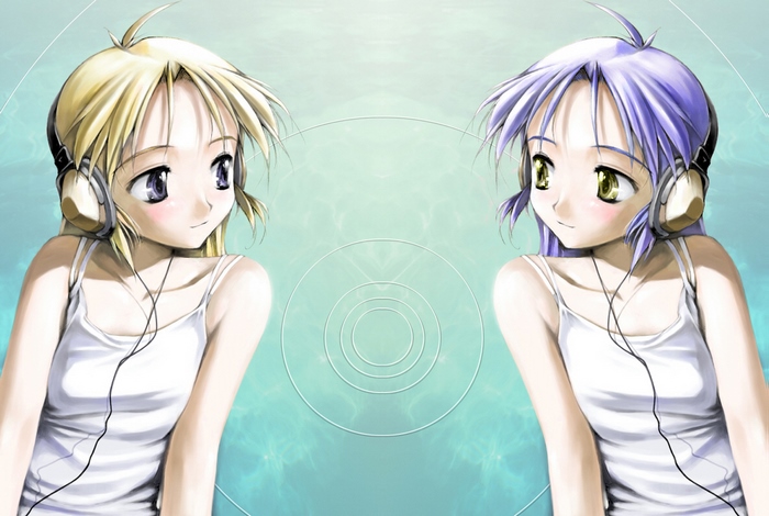 Anime girls with headphones listening to music
