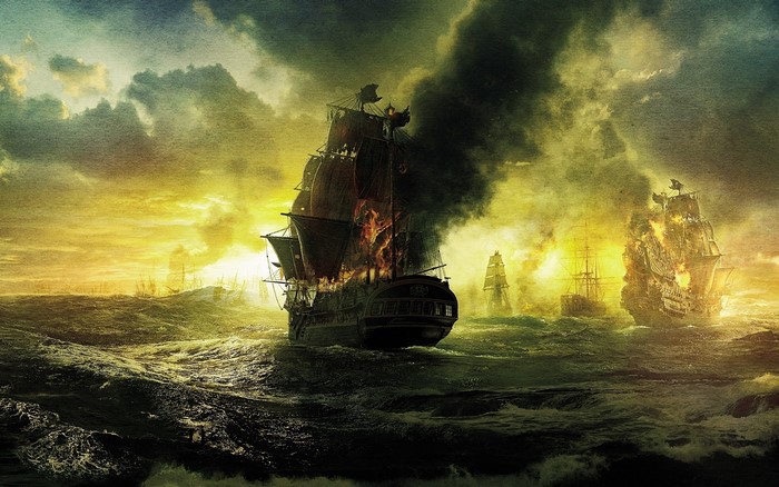 Burning sailing ships in a stormy sea