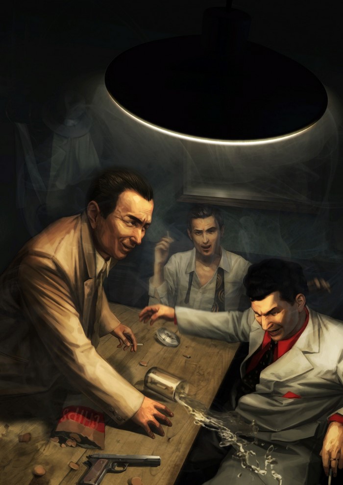 Mafia II artwork with three men at a table