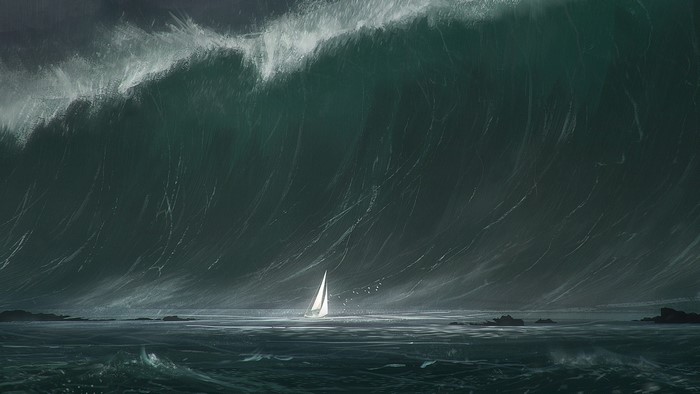 Sailboat facing a giant wave