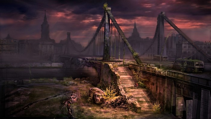 Apocalyptic city with ruined bridge and abandoned vehicles