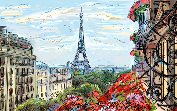 Painting of Paris with Eiffel Tower and flowers