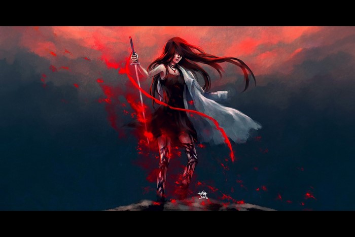 Woman with blood sword and long hair