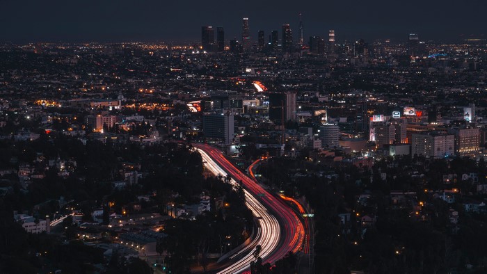 Los Angeles cityscape at night with long exposure traffic