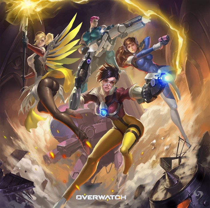 Overwatch characters Tracer, Mercy, D.Va, and Zarya in action