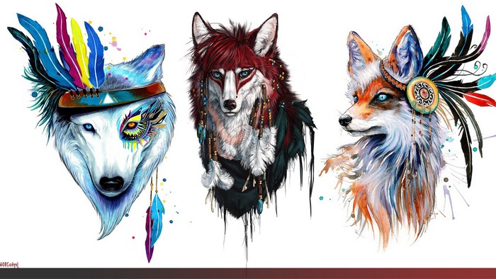 Artistic Tribal Wolf Portraits with Feathers