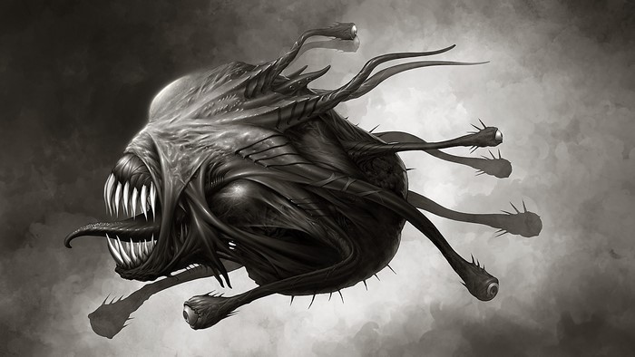 Monochrome creature with tentacles and eyes