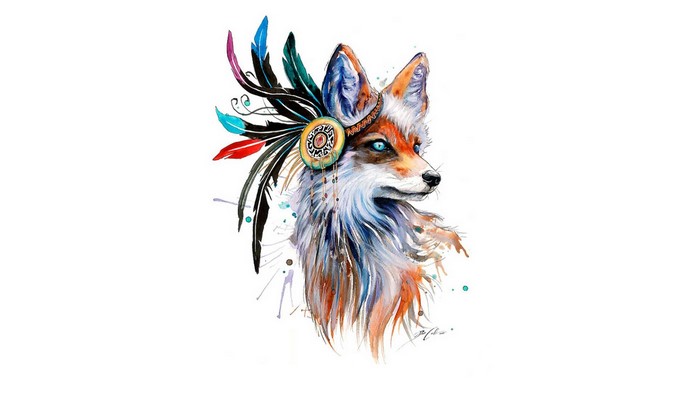 Colorful Fox Portrait with Tribal Feathers