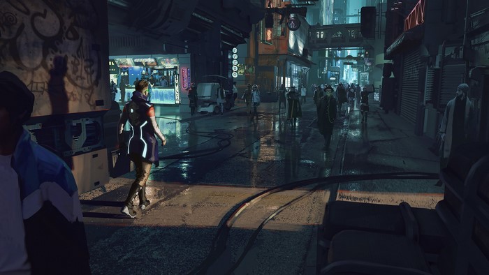 Cyberpunk city street at night