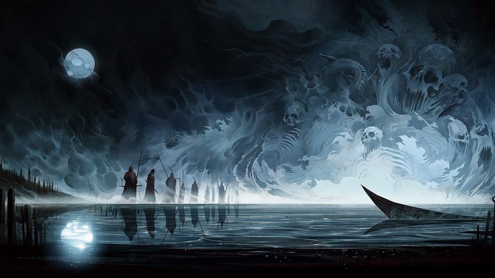 Figures in a dark landscape with skulls and a boat