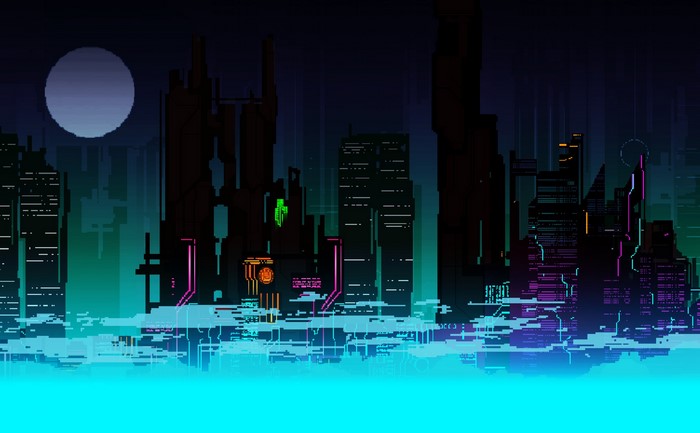 Pixel art futuristic city skyline at night