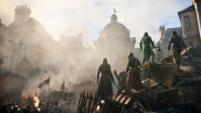 Assassins from Assassin's Creed Unity on a rooftop