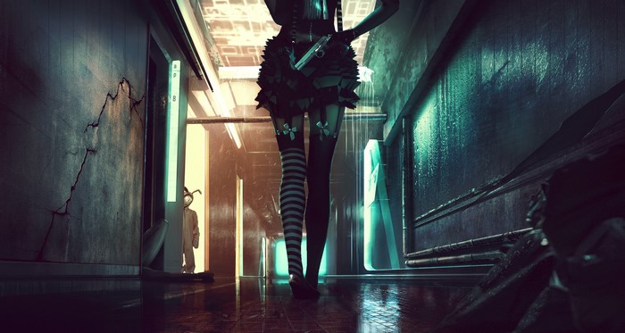 Woman with gun in dark hallway