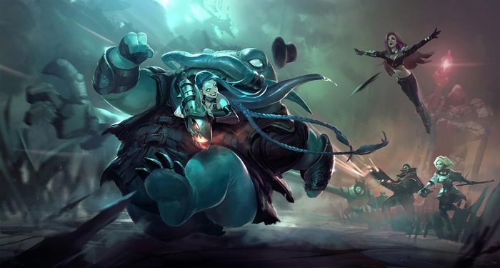 Jinx and Tahm Kench from League of Legends fighting Katarina, Graves, and Blitzcrank